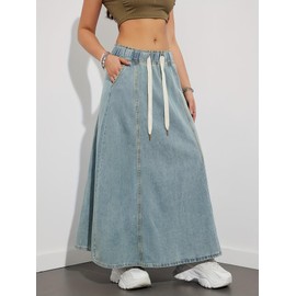 chouyatou Women's Casual Paperbag Elastic High Waist A Line Long Maxi Flare Denim Skirt, Light Blue, X-Small