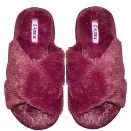 Kathyland Ladies womens slippers cross band fuzzy fluffy open toe slippers for summer valentines day gifts for her (Women US 9-10, Coss Ruby)