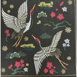 Set of 2 Individual Decoupage Paper Party Napkins Floral Flowers Birds Cranes Watercolor Decor Luncheon Beverage Christmas Series Napkin for a Birthday, Holiday, Wedding, Cocktail Party