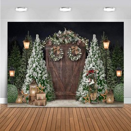 Mocsicka 10x7ft Winter Christmas Rustic Wood Door Photography Backdrop Xmas Pine Tree Gifts Family Decoration Background Christmas Wall Background Banner for Photography Studio Props