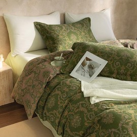 VM VOUGEMARKET Green Floral Duvet Cover Queen,3 Pieces Retro Boho Medallion Jacquard Flower Bedding Set,Linen Cotton Yarn-Dyed Textured Reversible Duvet Cover with Zipper Closure