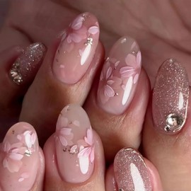BABALAL Pink Press on Nails Almond Medium Fake Nails Flower Glue on Nails Bling Glitter Acrylic Nails 24Pcs Stiletto False Nails Coquette Manicure Stick on Nails