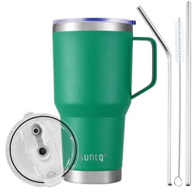 SUNTQ 30 oz 850 ml Tumbler with Handle - Reusable Travel Coffee Cup with Straw, Lid - Double-Walled Vacuum Insulated Coffee Cup - Stainless Steel Thermal Cup (Green)