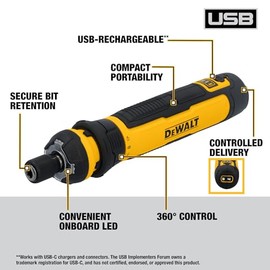 DEWALT Cordless Screwdriver, 4V USB Rechargeable Electric Screwdriver with 12 pcs Screwdriver Bit Set, LED Light, FLEXDRIVE Control, Compact, Ergonomic (DWHT66719)