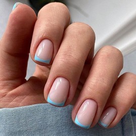 Modelones French Tip Press on Nails Short, Square Fake Nails, Reusable Nail Kit with Nail Glue Adhesive Tabs Mini Nail File, Nails Press Ons 32Pcs 16Sizes, Women Girl Gift, Blue