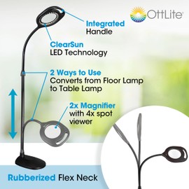 OttLite 2-in-1 ClearSun LED Magnifier Light Floor and Table Lamp – Optical Grade Hands-Free Magnifying LED Light, Modern Design for Crafting, Sewing, Reading, Needlework