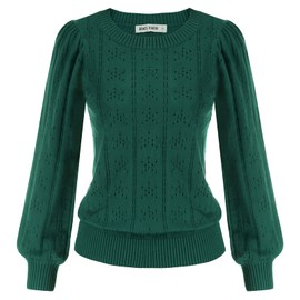 Women Hollowed Out Sweater Crew Neck Puffed Long Sleeve Daily Loose Fit Jumper Wine Dark Green M