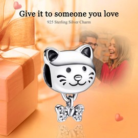 Rimgoris 925 Sterling Silver Charm for Women Bracelets Necklace Mother's Day Cat Bow Tie Dangle Charm Gift