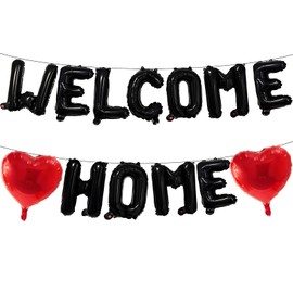 16 Inches Black 'WELCOME HOME' Letter Mylar Balloons Banner with Two 18-Inch Red Heart Foil Balloons for House Warming Decorations, Homecoming Celebrations, Family Gatherings, and Welcome Home Parties