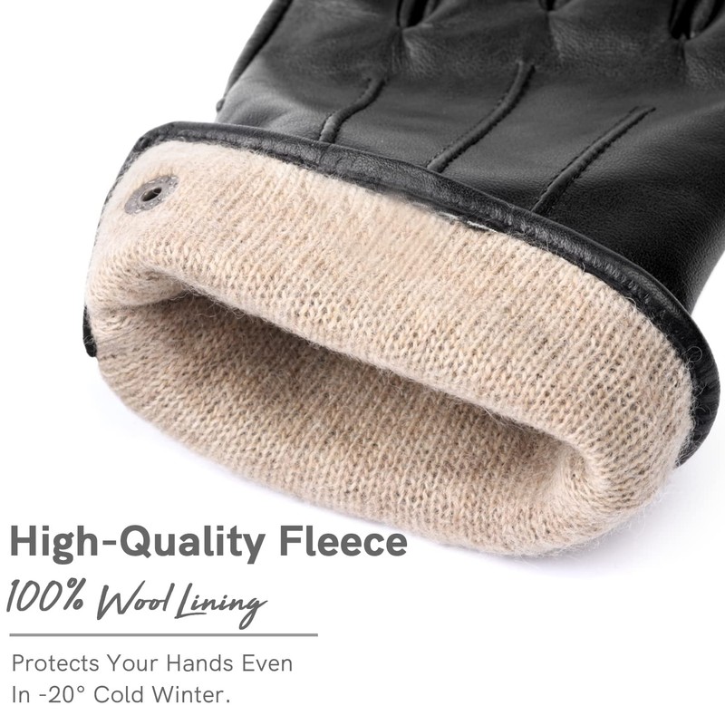 Real Sheepskin Leather Gloves, 100% Cashmere Lining Winter Gloves, Touchscreen
