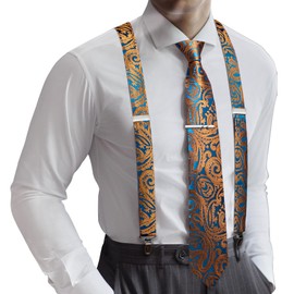 Barry.Wang Mens Suspenders Ties Set X Type Braces&Necktie Tie-Clip Paisley Formal Wedding Party Prom