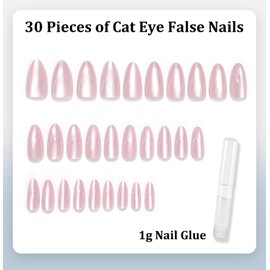 30PCS Cat Eye False Nails Long - Pale Pink Press on Nails Almond - Glossy Glitter Stick on Nails - Fake Nails with Glue - 15 Size Full Cover Nail Tips and Glue for Women DIY Design