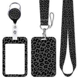 Black Leopard Print Lanyards for ID Badges, ID Badge Holder Heavy Duty and Retractable Reel Clip, Cute Sliding Vertical Card Case for Keys, Women, Men, Teachers, Nurses, Daily Office
