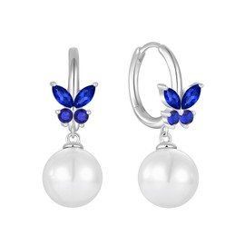 Rocayi Pearl Hoop Huggie Earrings 925 Sterling Silver Butterfly Drop Dangle Earrings September Birthstone Earrings Sapphire Jewelry for Women