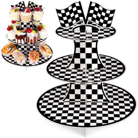 TOATOM 3-Tier Race Car Cupcake Stand, Black and White Checkered Racing Flag Cupcake Holder,Car Theme Round Dessert Display Stand Tower for Racing Cars Checkered Birthday Party Decorations