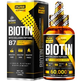 PURE RESEARCH Liquid Biotin & Collagen Hair Growth Drops 60,000mcg – Biotin and Liquid Collagen Supplements for Women & Men – Supports Glowing Skin, Healthy Hair & Nail Growth (2Fl Oz)