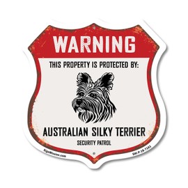 Warning This Property is Protected by Australian Silky Terrier (2 Pack) 12 inch X 12 inch Shield-Shaped Rust-Free Aluminum Metal Signs Weather Resistant Made in the USA
