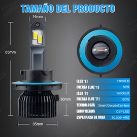 PUNKZZ Focos Led Alta Y Baja Luces 36000LM H4/H13/9004 /9007 Canbus,Kit De Faros Led H4 para Auto,Bombillas LED para Faros Delanteros, 2 Unidades(H13)
