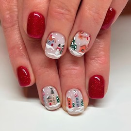 Christmas Press on Nails Short Square Fake Nails Snowman Winter Press on Nails with Glitter Design Glossy Full Cover Fake Nails Elk Glue on Nail Red DIY Stick on Nail for Women Decoration Set 24Pcs