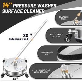 14" Pressure Washer Surface Cleaner with 4 Wheels - Stainless Steel Surface Cleaner for Pressure Washer Attachment for Concrete, Patio, Sidewalk, Deck and Driveways - PWS14