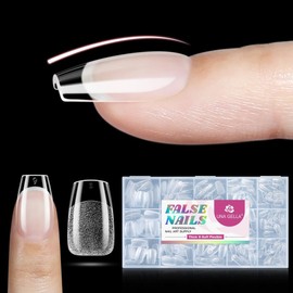 UNA GELLA Pre-base Gel Nail Tips X-Soft 330PCS Short Coffin Nail Tips Pre-Etched Thicker Clear Coffin Acrylic Flase Nail Tips Stronger for Press On Nails, 15 Sizes Nail Extensions