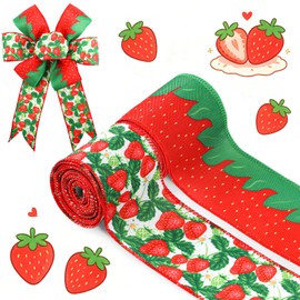 2 Rolls Red Strawberry Wired Edge Ribbon, 12 Yards Strawberry Pattern Ribbons Red Strawberries Decorative Ribbon for Summer Party Decoration Fruit Themed Bow Wreath Making DIY Crafts