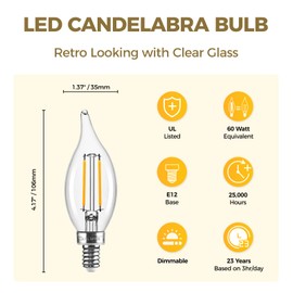 Hizashi E12 Candelabra Bulb 60 watt Equivalent, 2700K Soft Warm White, LED Chandelier Light Bulbs, E12 LED Bulb Dimmable, 90+ CRI 6W 550LM, CA11 Flame Tip, UL Listed, 6 Pack