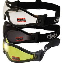 Global Vision 3 Pair Z-33 Padded Motorcycle Riding Skydiving Goggles with Clear Smoke and Yellow Lens