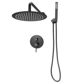 Wall Mounted Rainfall Bathroom Shower System 10 Inch Rain Shower Head with Handheld Spray Shower Faucet Set AccessoryTop Spray Showerhead Shape: Round, Color: Matte Black Color