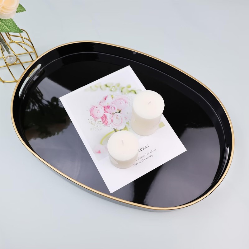 Omuriko Black Oval Decorative Tray with Handles, Versatile Serving Tray