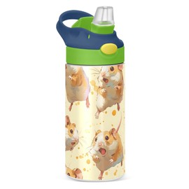 Kids Water Bottle with Straw 350ml, Little Hamster Cute Animals Stainless Steel Insulated Toddler Cup Leakproof Drink Flask Bottle for Boys Hot Cold, BPA-Free