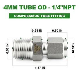 TAISHER 2PCS 304 Stainless Steel Compression Tube Pipe Fitting Connector, 4MM Tube OD x 1/4" NPT Male Straight Adapter