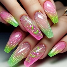 Coffin Press on Nails Long Fake Nails Pink and Green Ombre Stick on Nail 24pcs