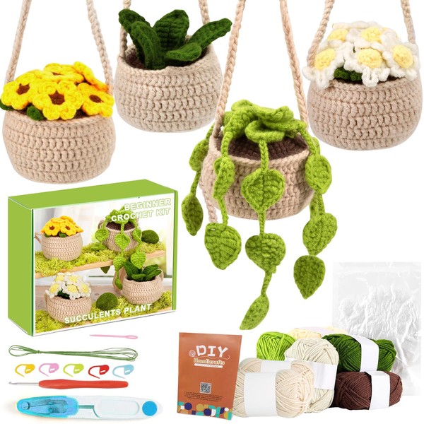LYKTRIX Crochet Set for Beginners, 4-Piece Hanging Potted Plant, Starter