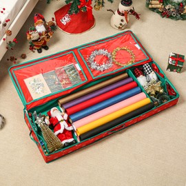 Phedrew Wrapping Paper Storage Container – Fits up to 40" Rolls - Underbed Gift Wrap Organizer for Wrapping Paper Rolls, Ribbon, and Bows (1, Red)