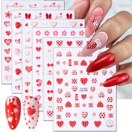 6Sheets Heart Nail Art Stickers Valentines Self-Adhesive Nail Decals Red Love Heart Pink Spring Flowers Designs Nail Art Stickers Nail Supplies for Women Girls Nail DIY Decorations