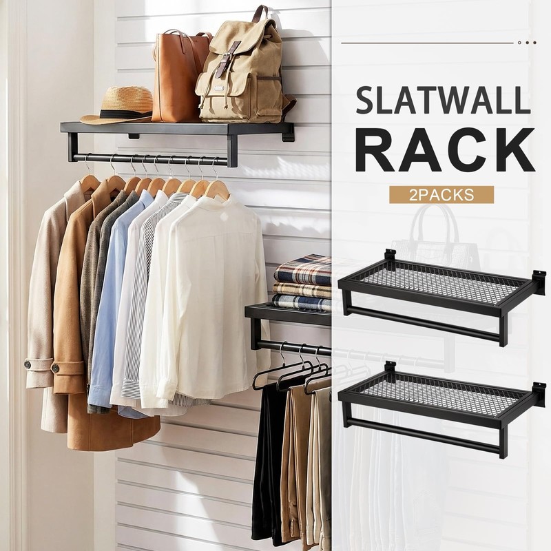 Fiwochic 2 Pcs Black Slatwall Shelf Clothes Rack with Grid