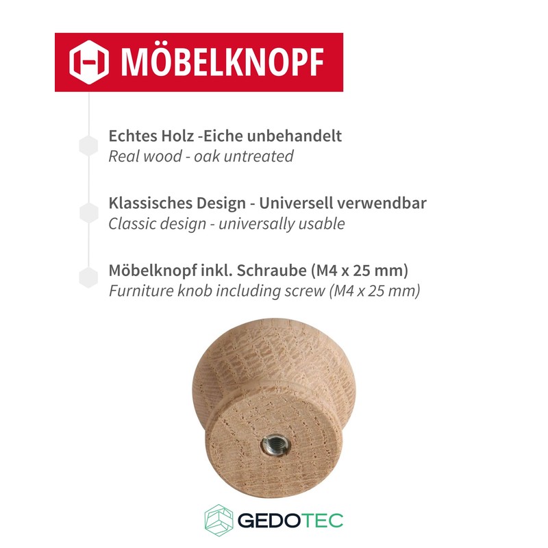Gedotec Giovanni Wooden Furniture Knobs, Diameter: 35 mm, Pack of