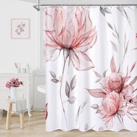 Litabel Red and Grey Boho Watercolor Floral Shower Curtain, Ink Painting Style Blossom & Leaf Shower Curtains for Chic Elegant Bathroom, Artistic Fabric Cloth Flower Shower Curtain, 72x72
