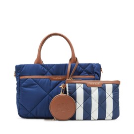 Anne Klein EW Quilted Nylon Satchel with Pouch and Coin case, Midnight/Chestnut