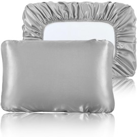 SiinvdaBZX Silver Grey Satin Pillowcase Standard/Queen Size Set of 2, Silky Travel Elastic Band Satin Pillow Case for Hair and Skin, Soft Portable & Fit for Various Pillow