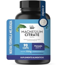 LIFE 360+ Citrato de Magnesio | Alta Pureza | 90 Cápsulas | 2598 Miligramos por Porción | Absorción | Adicionado con Fibra Dietética | Suplemento Alimenticio | Inulina de Agave