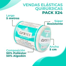 Pack de 24 - Vendas Elásticas Quirúrgicas - 5 cm de Ancho Vendaje Elástico Transpirables - Ajustables Vendas Elásticas de Compresión - Cinta Kinesiologica Rodillas - Lesiones - Heridas