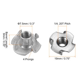 HARFINGTON 1/4x9mm T-Nuts 4 Pronged Tee Nut 304 Stainless Steel Threaded Inserts for for Wood, Rock Climbing Holds, Cabinetry, Furniture 50pcs
