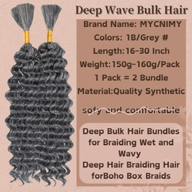 Deep Bulk Hair For Braiding Hair 18inch Wet And Wavy No Weft Quality Synthetic Hair Braiding Extensions For Boho Braids Natural Color 2 Bundles/Pack (1B/Grey 18Inch 150g)