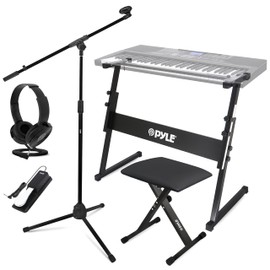 Pyle Heavy-Duty Electric Keyboard Accessories, E Piano Equipment Pack Includes Height Adjustable Z Shape Keyboard Stand, Keyboard Stool, Microphone Stand, Headset, and Sustain Pedal, Black