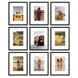 KINLINK 8x10 Picture Frame Set of 9, 10x8 Photo Frames with Plexiglass for 5x7 Pictures with Mat or 8x10 Without Mat, Art Collage for Wall Gallery and Tabletop Display, 8 x 10 Frame Black