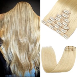 Clip in Hair Extensions Real Human Hair 150g 7pcs Bleach Blonde Remy Human Hair Clip in Extensions Straight, Rimoss Premium Thick Hair Extensions Real Human Hair Clip ins for Women (#613 18 Inch)