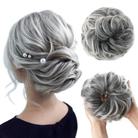 SARLA Messy Bun Hair Pieces Hair Scrunchies for Women Girls Curly Wavy Hair Buns Synthetic Updo Ponytail Extensions Donut Hair Black with Grey to Platinum Blonde