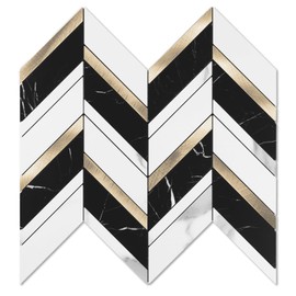 Yipscazo 10-sheet Black&White Marble Herringbone Peel and Stick Backsplash for Kitchen Walls,Heat Resistant PVC Mixed Metal Stick on Backsplash Tiles,Waterproof Peel and Stick Tile for Bathroom&Shower